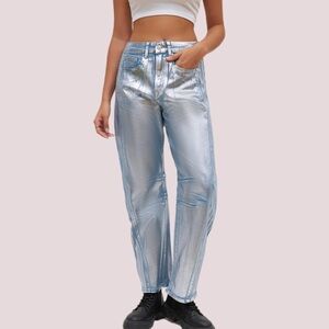 NWT Shiny Metallic Barrel Jeans – Y2K Glitter Denim Trousers
Size: Large